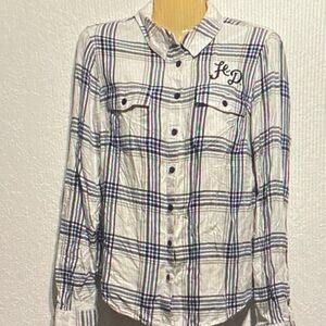 Harley-Davidson White and Blue Plaid Button Down Shirt